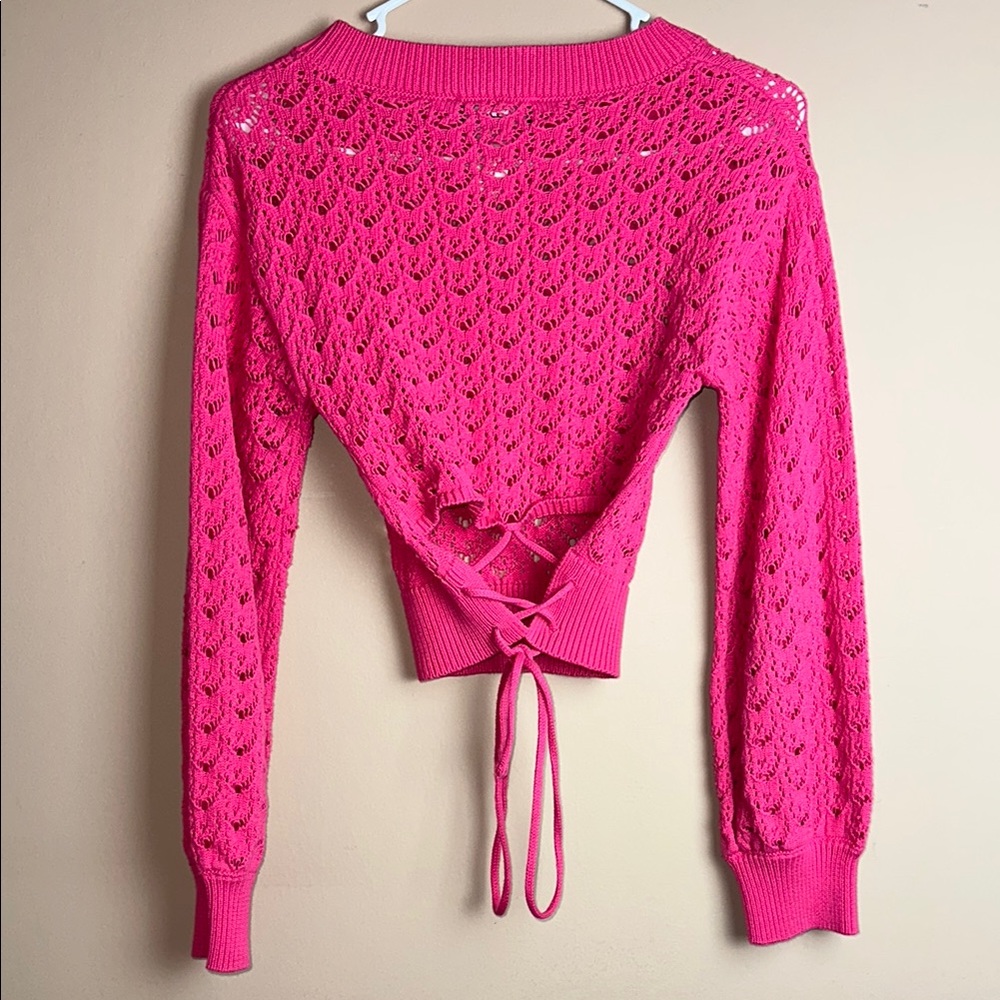 Lulus Always All Mine Pink Lace-Up Cropped Pointelle Sweater Size Small - Picture 5 of 7